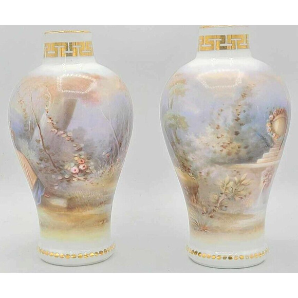 Antique Dresden Hand-Painted Pair of 7 1/4"H Vases. Work of Art. - Picture 6 of 16